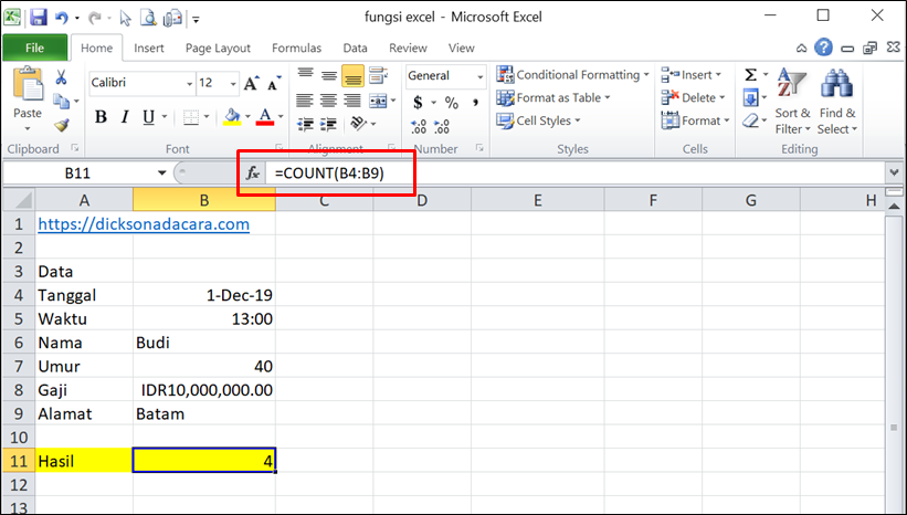 Cara Menggunakan Fungsi COUNT pada Excel - 1 value